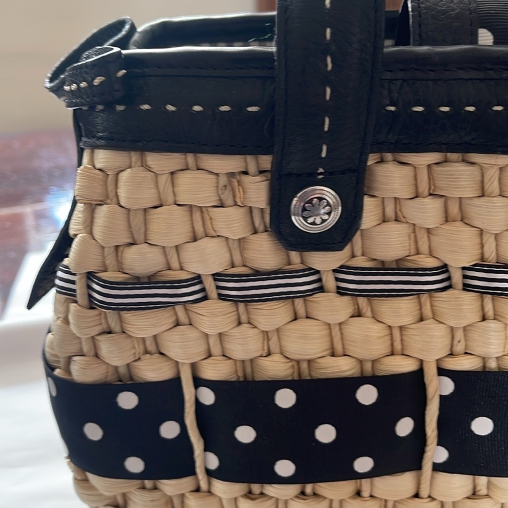 Brighton Black Leather and Tan Woven Wicker Polka Dot Purse Handbag UNUSED - Picture 2 of 14